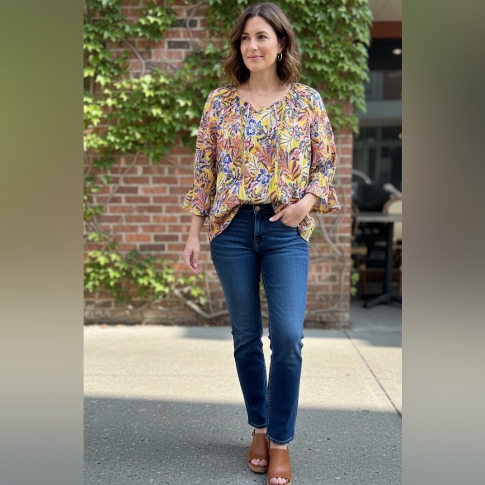Hope and Harlow Yellow and Brown Ruffled Tie Front Blouse
